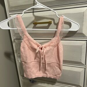 Pink Lace Trim Knit Tank Top
